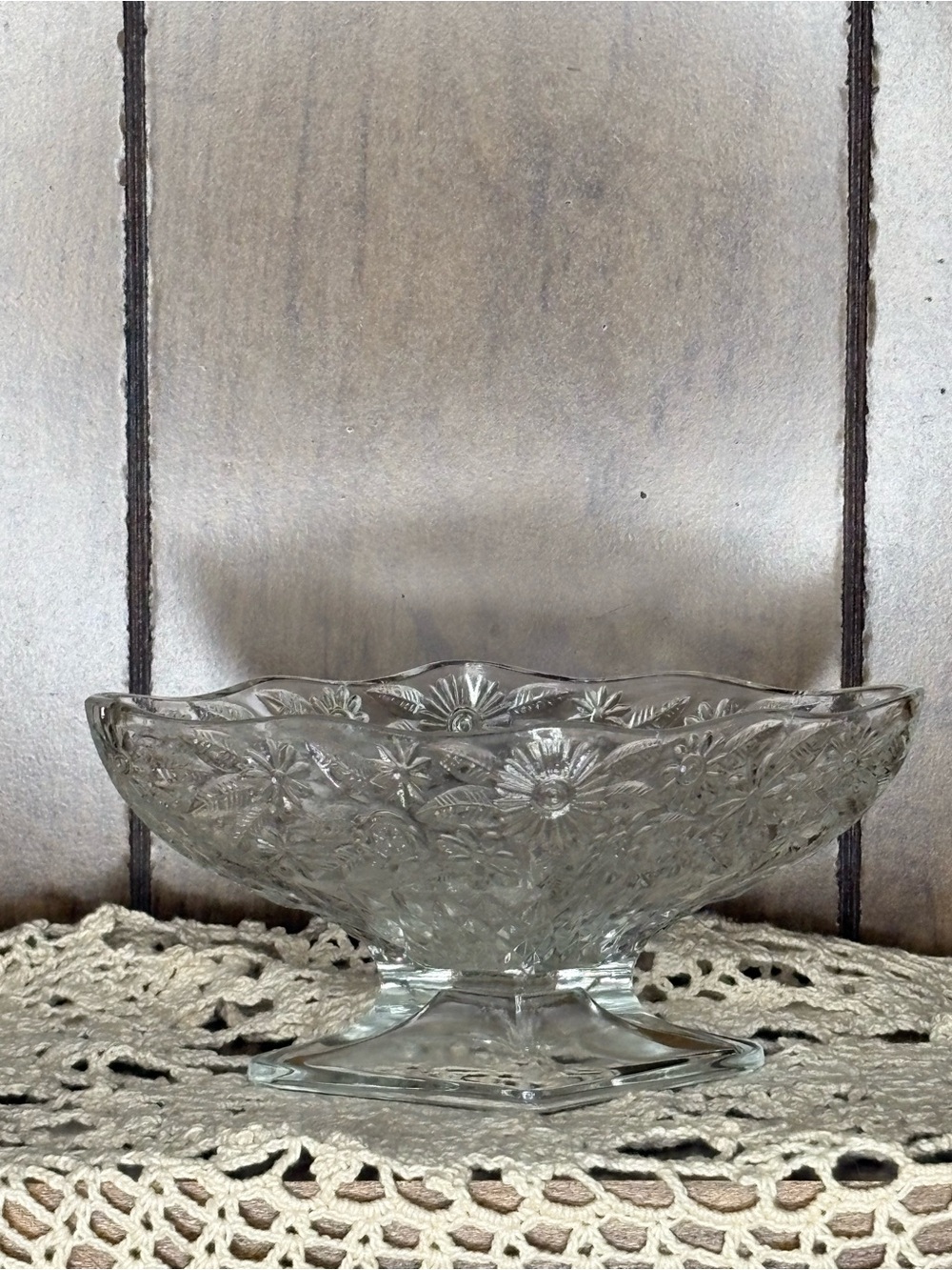 Indiana glass Pressed Glass Footed Bowl with Floral Pattern - Clear